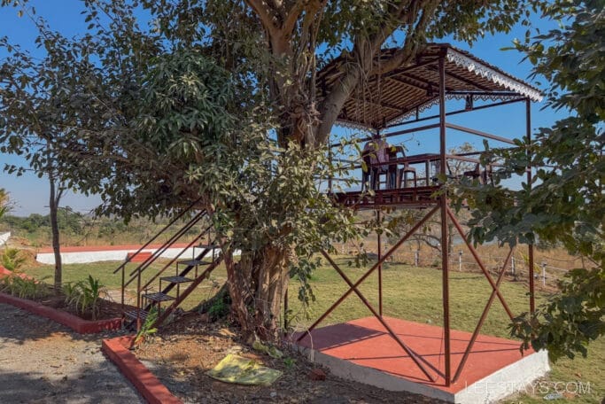 A budget stay treehouse overlooking Pawna Lake with seating area, surrounded by greenery and accessed by a metal staircase under clear blue skies.