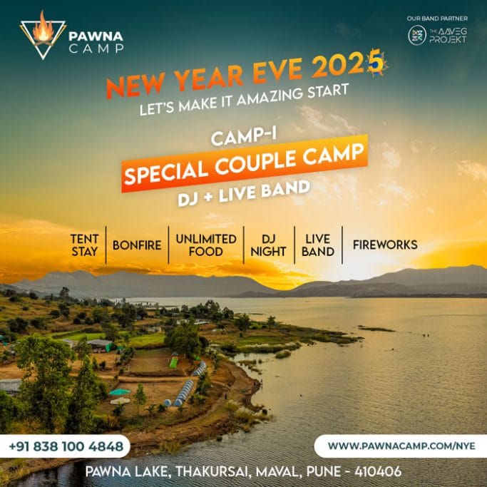 Promotional poster for Pawna Camp's New Year's Eve 2025 event, featuring a scenic view of a lake and countryside at sunset, advertising a special couple camp with DJ, live band, bonfire, unlimited food, DJ night, and fireworks.