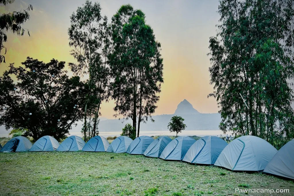 A row of tents set up beside Pawna Lake surrounded by trees, with a scenic hill in the background at sunset, creating a tranquil camping atmosphere.
