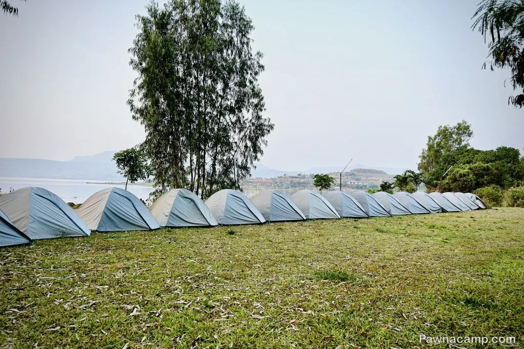 A row of tents set up on a grassy area near Pawna Lake, surrounded by trees and overlooking distant hills and calm lake waters under a clear sky.