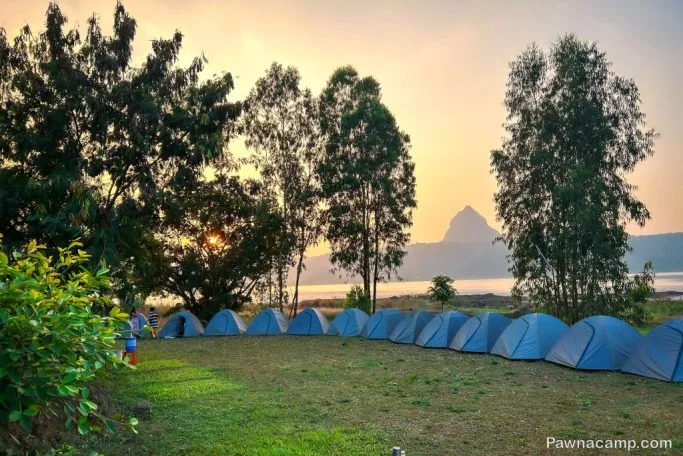 A row of blue tents set up near lush trees along Pawna Lake at sunset, with a mountainous landscape in the background.