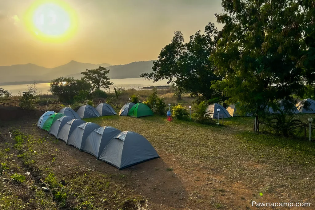 A serene camping site near Pawna Lake at sunset with mountains in the background, featuring multiple tents on a grassy area under a clear golden sky.