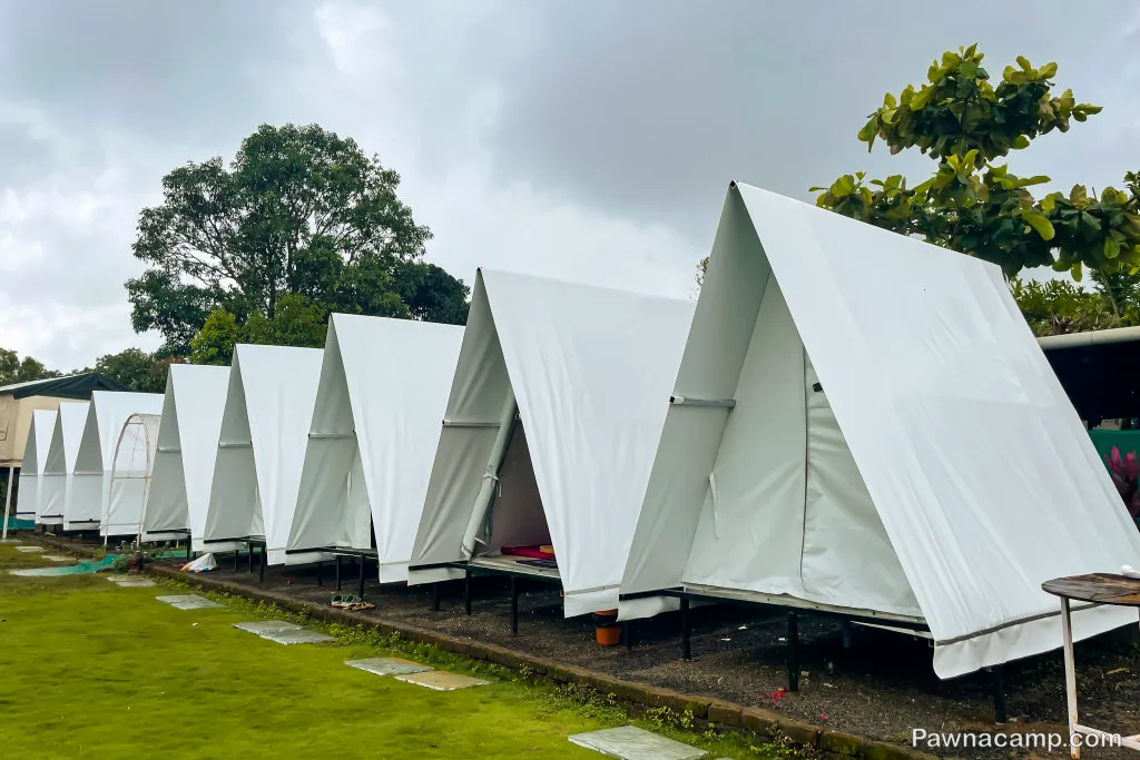 Row of white tents set up for a stay at Pawna Lake, with lush green surroundings and overcast sky.