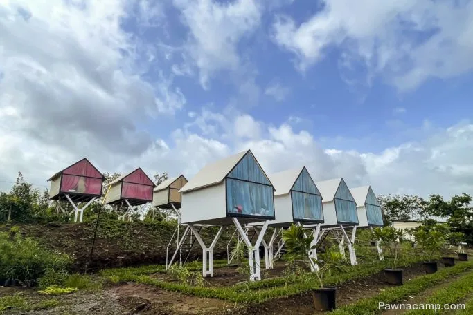 Modern cabins on stilts provide a unique stay experience near Pawna Lake, set against a cloudy blue sky and lush greenery.