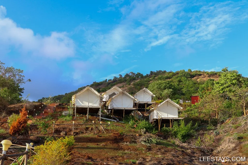 Scenic view of glamping tents at Pawna Lake, surrounded by lush greenery and hills under a clear blue sky, offering a serene outdoor experience.